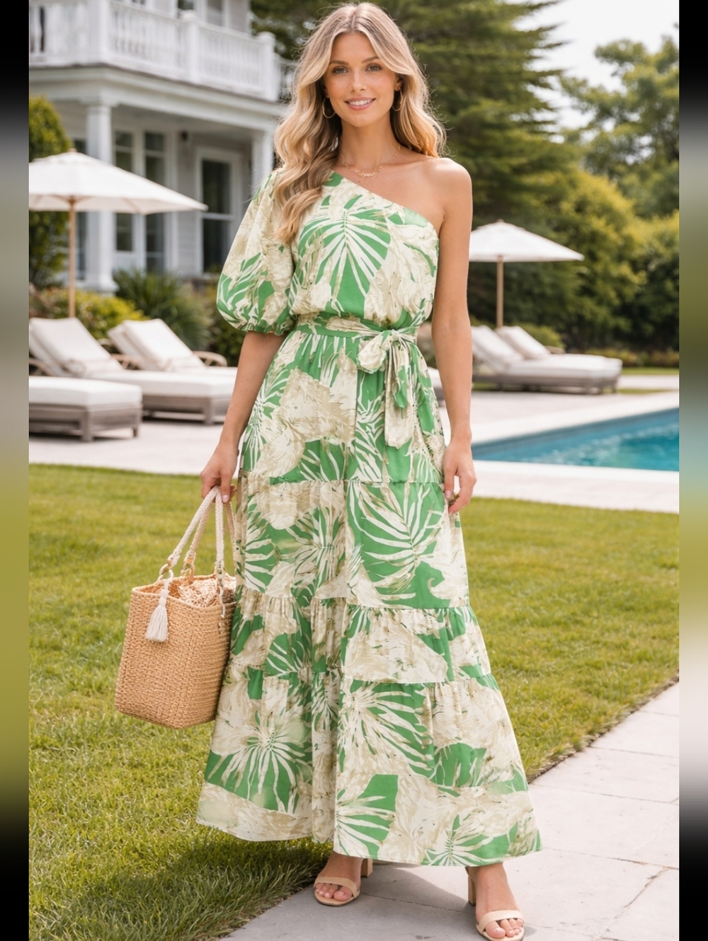 AURA One Shoulder Tropical Maxi Dress Green Palm Print Resort Size M Hawaiian